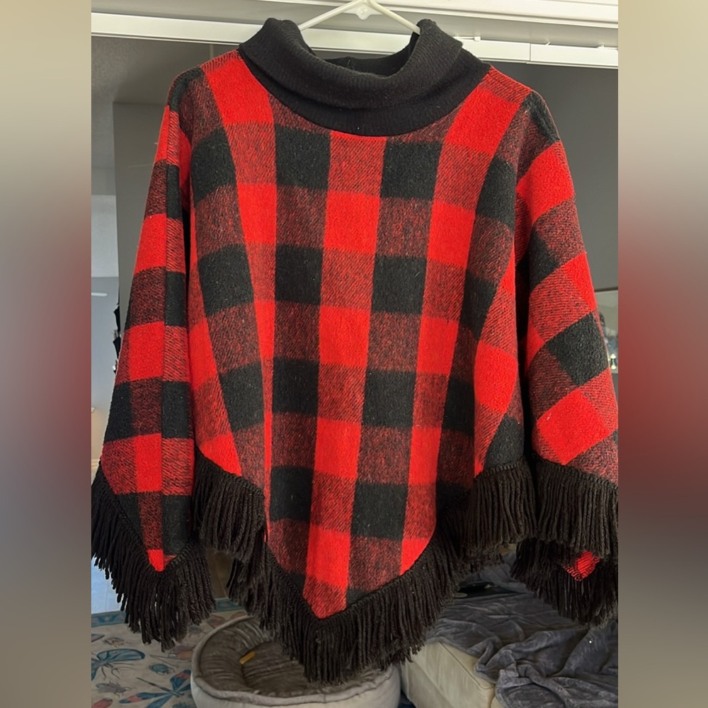Vintage Red and Black Plaid Poncho with Fringe